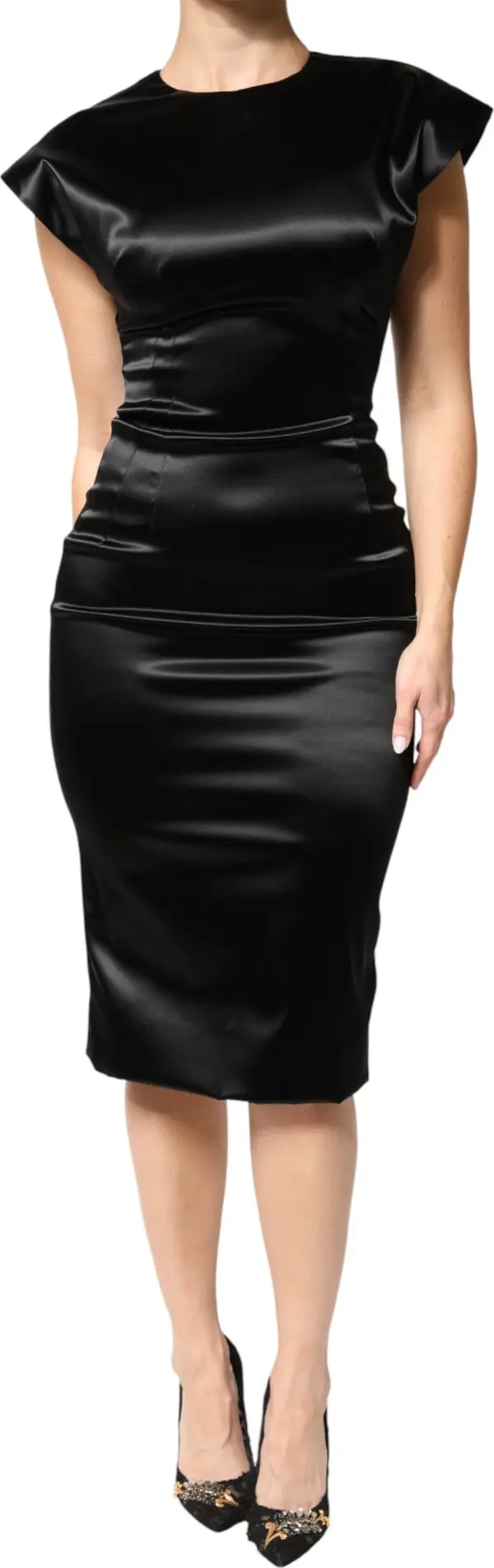 Black Satin Sheath Midi Cap Sleeves Dress