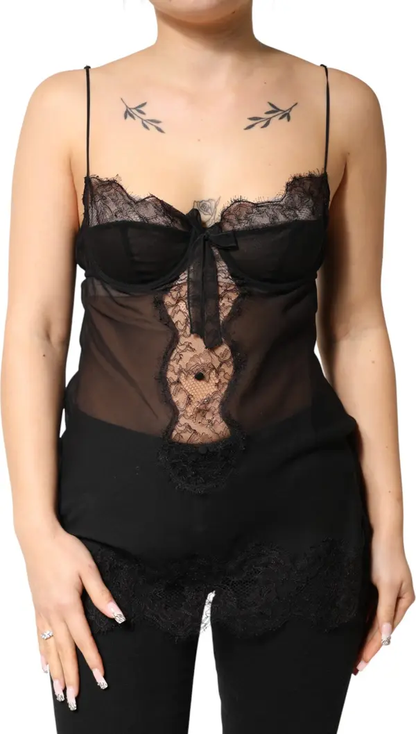 Black Silk Floral Lace Chemise Lingerie Top