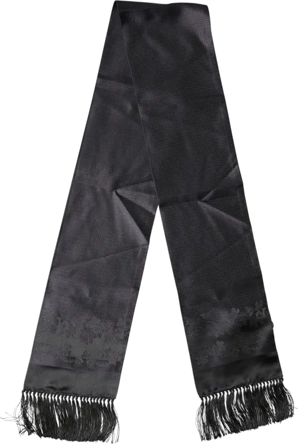 Black Satin Silk Fringes Neck Foulard Scarf