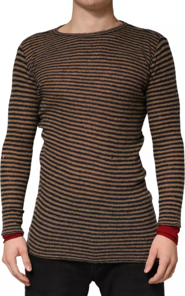 Brown Black Stripes Wool Crew Neck Pullover Sweater