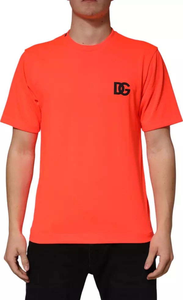 Neon Orange Polyester Crew Neck Men T-shirt