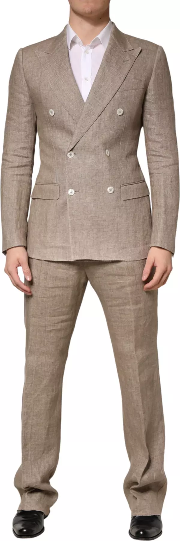 Beige Linen Double Breasted 2 Piece Men Suit