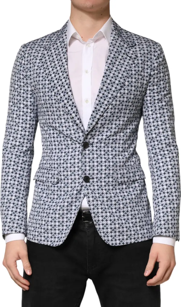 Blue Cotton Patterned Single Breasted Blazer