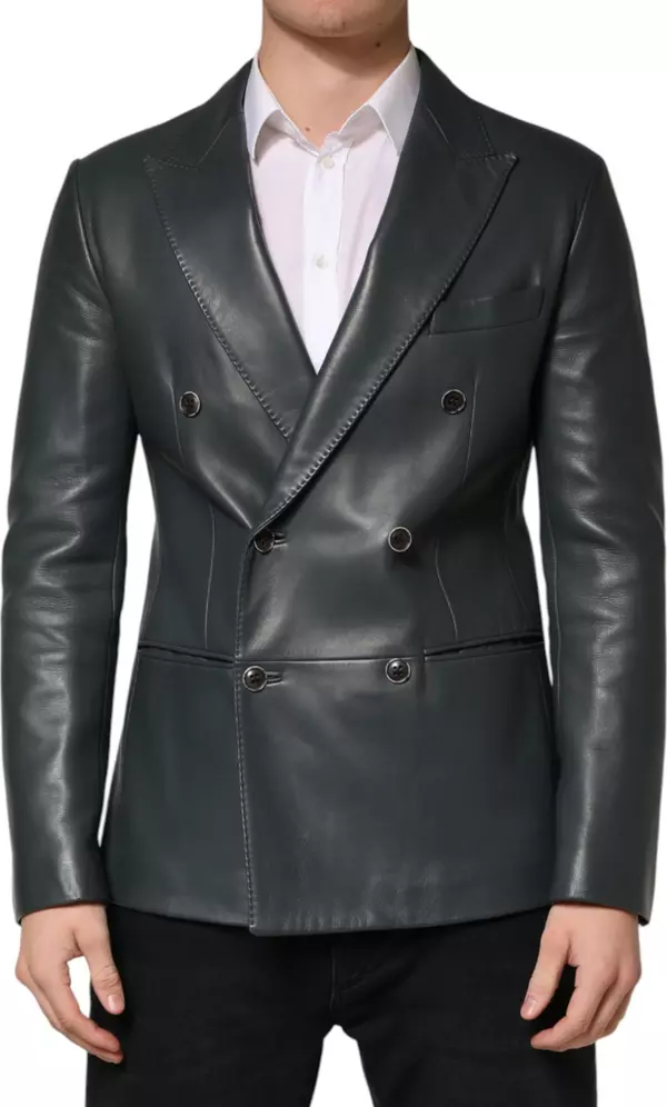 Black Leather Double Breasted 2Button Blazer