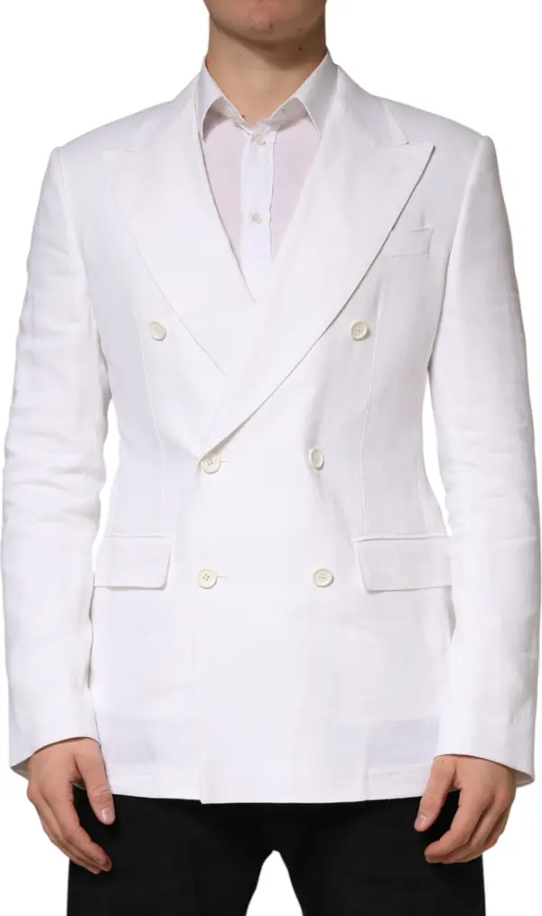 White Linen Double Breasted 2 Button Blazer
