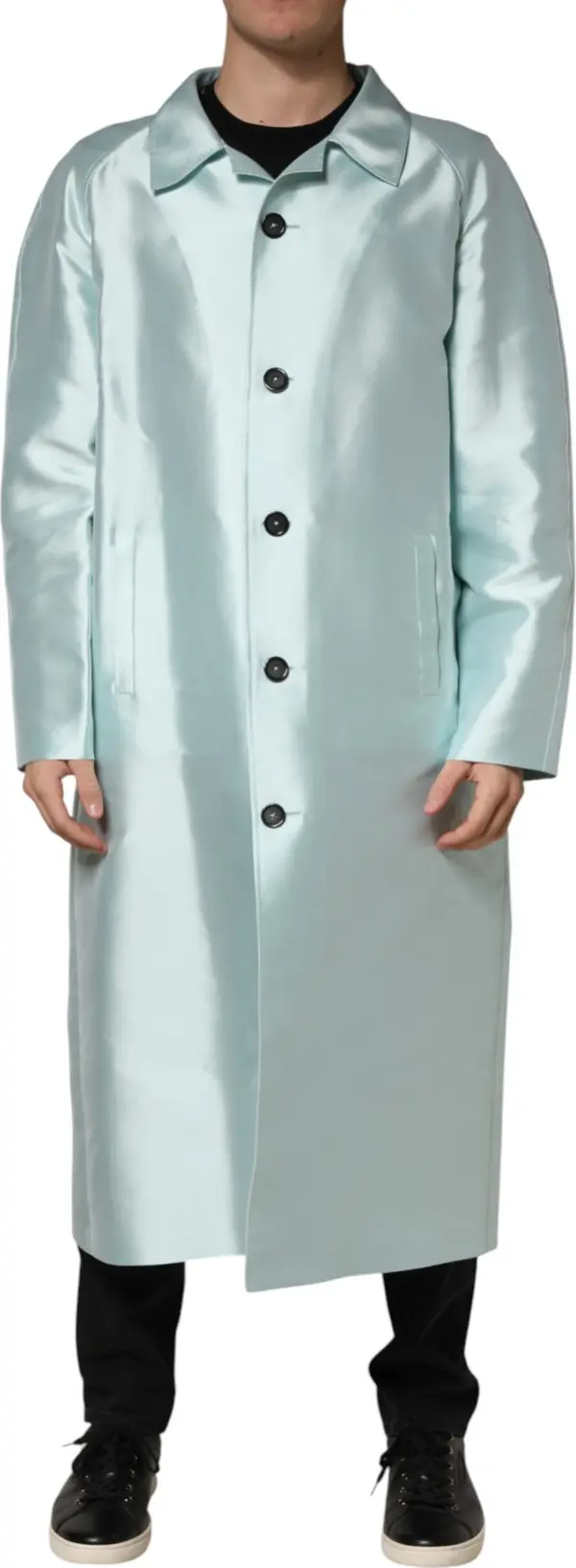 Teal Satin Collared Long Trench Coat Jacket