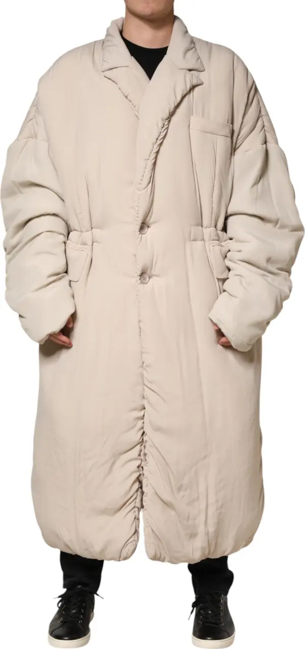Beige Padded Collared Long Trench Coat Jacket