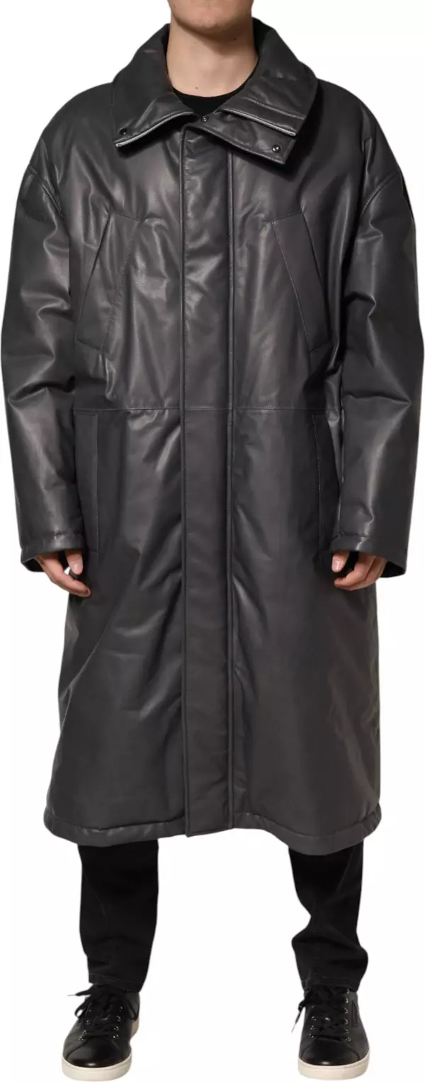 Black Leather Collared Trench Coat Jacket