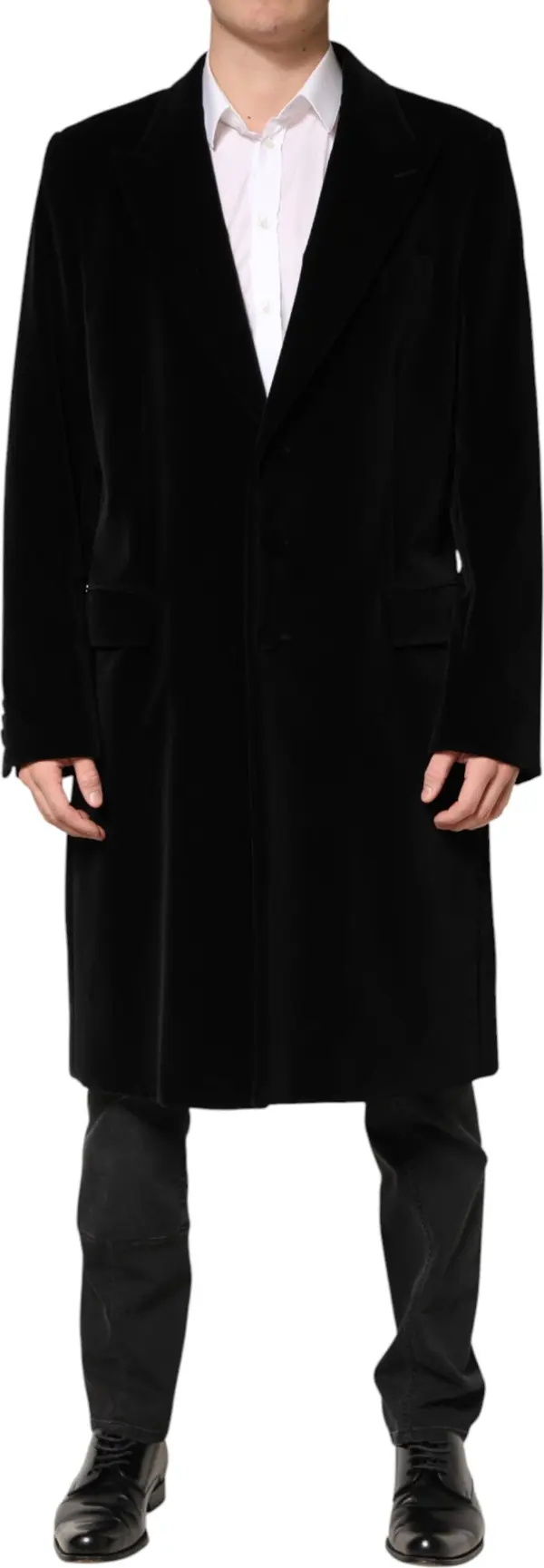 Black Cotton Velvet Long Trench Coat Jacket