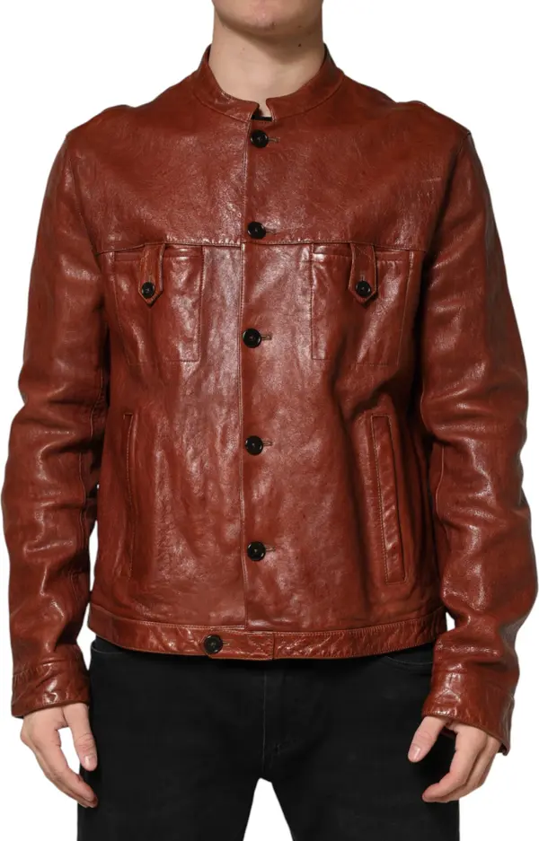 Brown Leather Button Down Men Biker Jacket