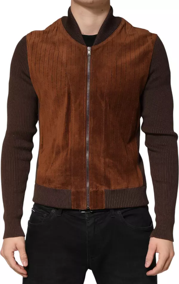 Brown Velvet Calfskin Full Zip Biker Jacket