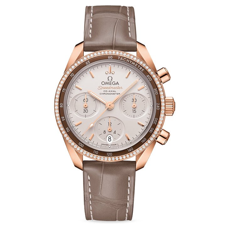 Omega Speedmaster 38 Co-Axial Chronometer Chronograph Sedna Gold & Diamonds on Leather Strap - 324.68.38.50.02.003