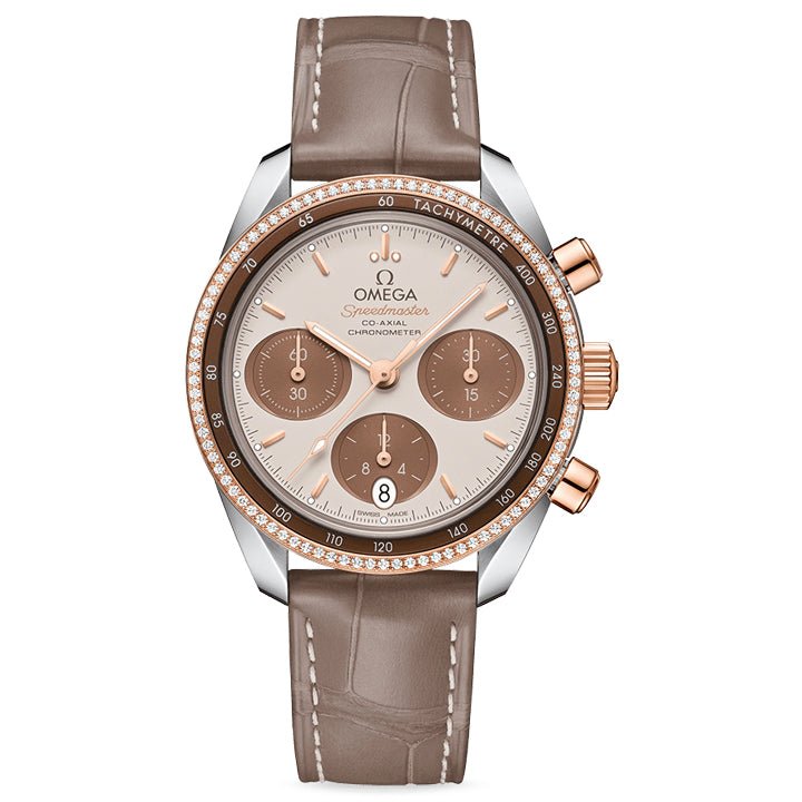 Omega Speedmaster 38 Co-Axial Chronometer Chronograph Sedna Gold & Diamonds on Leather Strap - 324.28.38.50.02.002