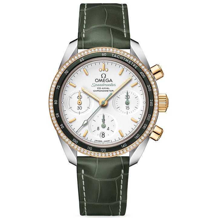 Omega Speedmaster 38 Co-Axial Chronometer Chronograph Steel, Yellow Gold & Diamonds on Leather Strap - 324.28.38.50.02.001