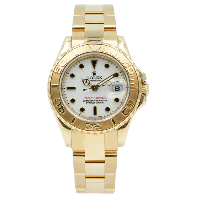 SOLD - Ladies Rolex Yachtmaster 69628 18k Yellow Gold with White Dial 29mm