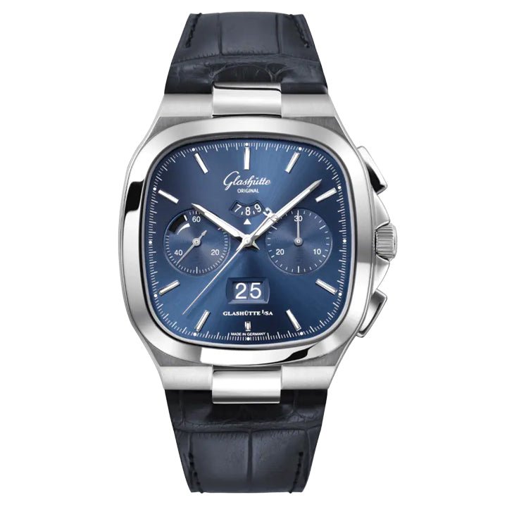 Glashutte Original Seventies Chronograph Panorama Date Blue Dial on Blue Leather Strap - 1-37-02-08-02-61