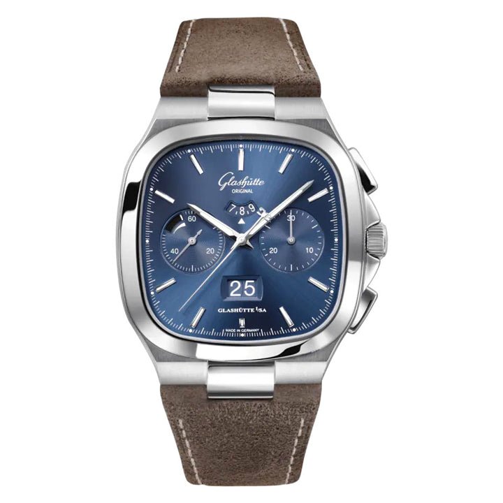 Glashutte Original Seventies Chronograph Panorama Date Blue Dial on Brown Calfskin Strap - 1-37-02-08-02-62