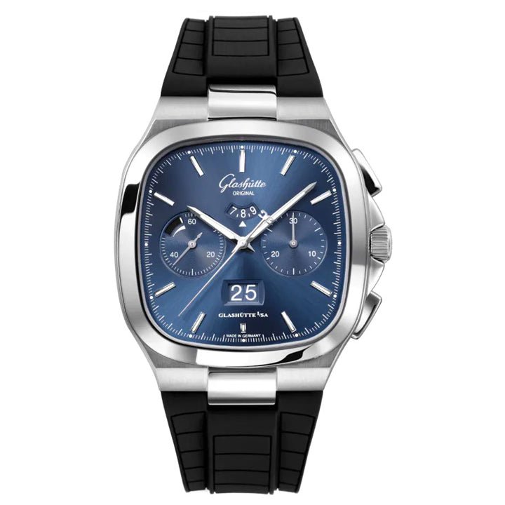 Glashutte Original Seventies Chronograph Panorama Date Blue Dial on Black Rubber Strap - 1-37-02-08-02-63