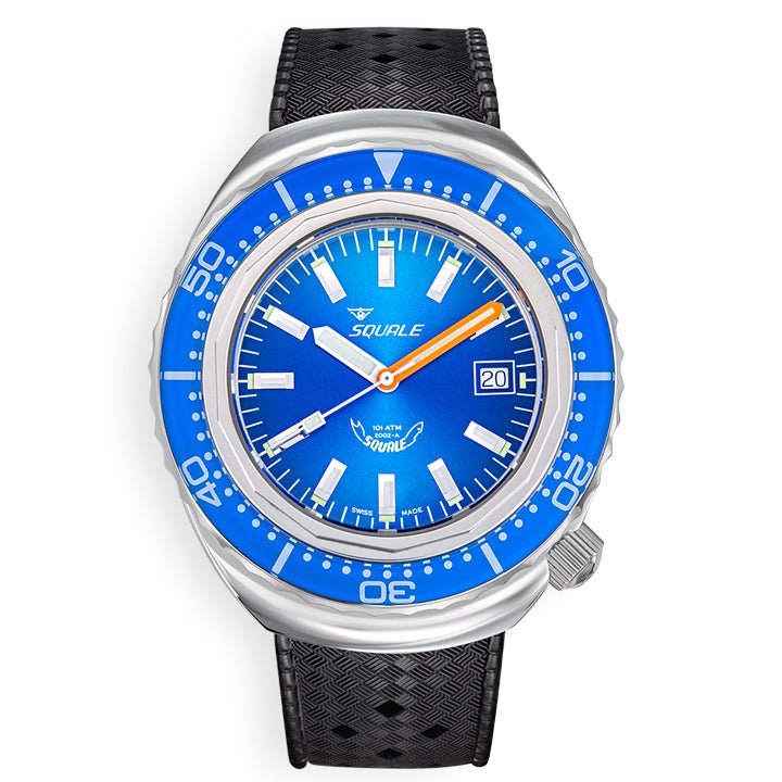 Squale 2002 Blue on Black Rubber Strap - 2002.SS.BL.BL.HT