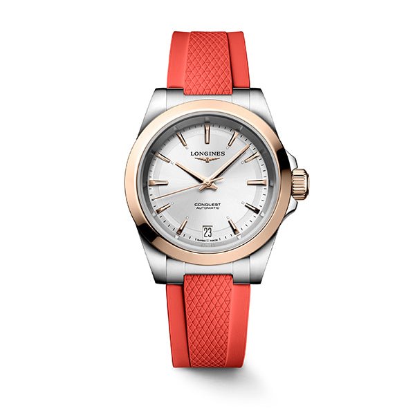 Longines Rose Gold Conquest Red Rubber Strap 34mm - L3.430.5.72.9