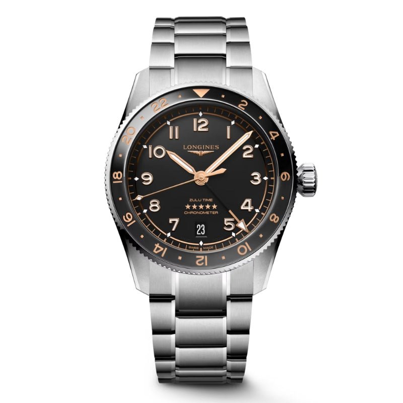 Longines Spirit Zulu Time Black and Grey Bezel GMT 39mm - L3.802.4.50.6