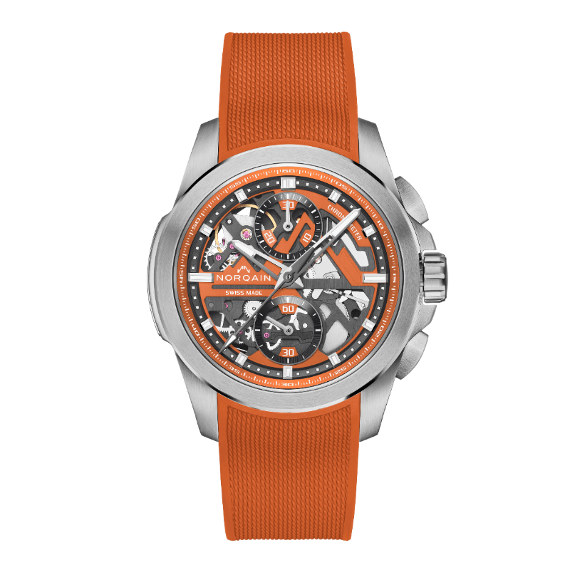 Norqain Independence Skeleton Chrono 42mm Orange Rubber Strap Watch - N3200.40S01.O01.R03