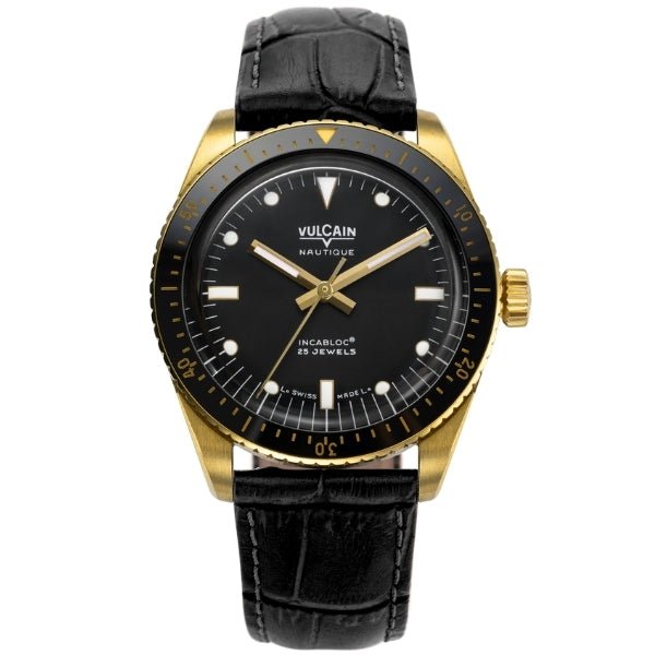 Vulcain Skindiver Nautique Gold & Black on Leather Strap - 661170A07.BON248