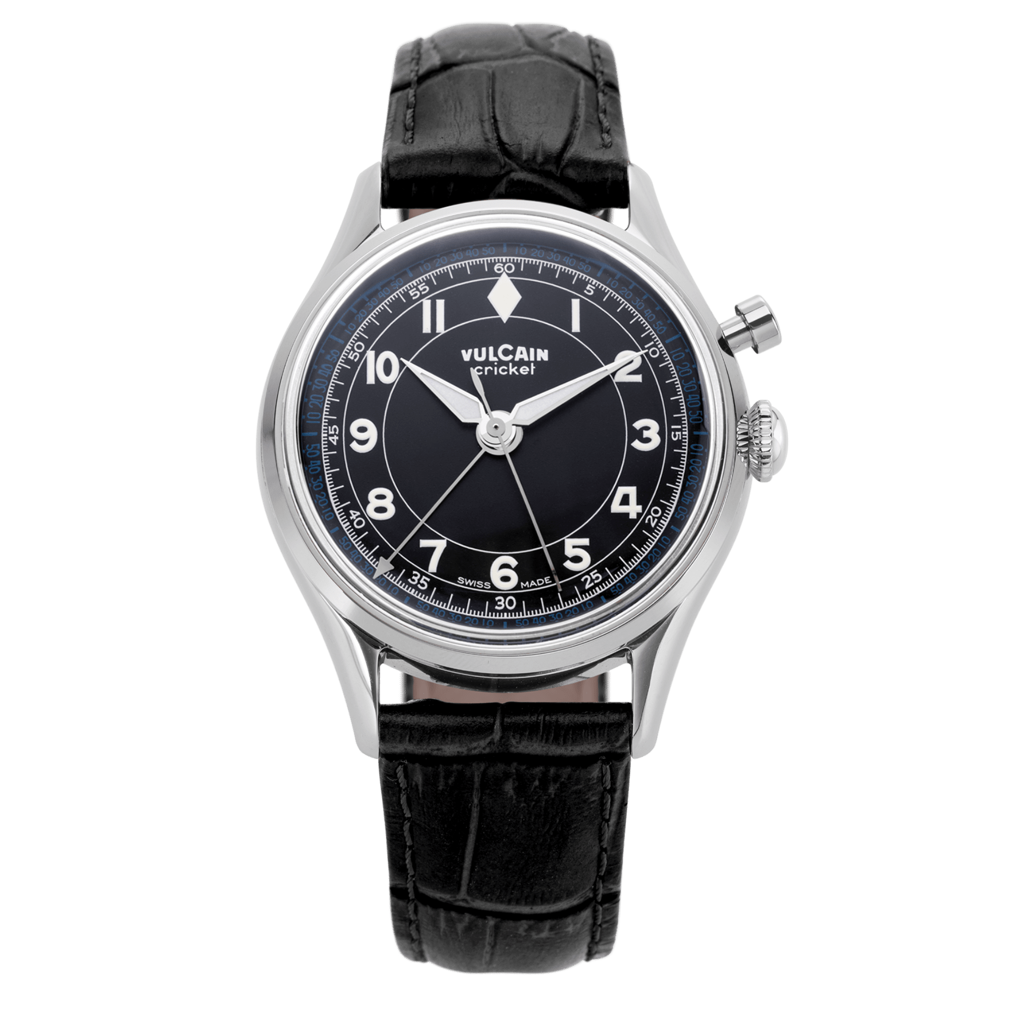 Vulcain Cricket Classique 36mm Black & White/Blue on Alligator - 100269B07.BAL301