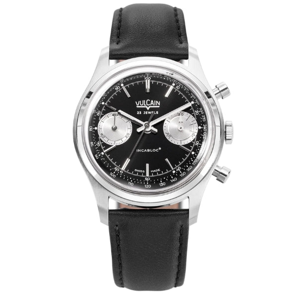 Vulcain Chronograph 70's Black & Silver on Leather - 640109A00.BAC201