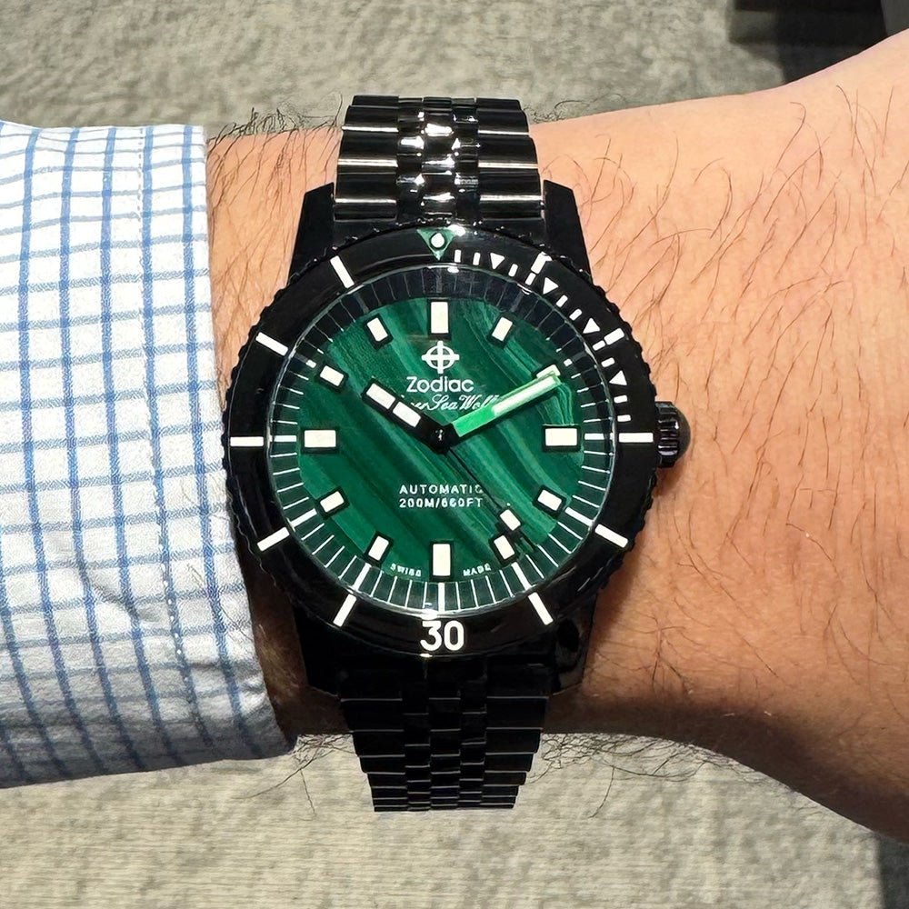 SOLD - 8/9/26 - Zodiac Super Sea Wolf Compression Diver ZO9314 SS Green Malachite Dial