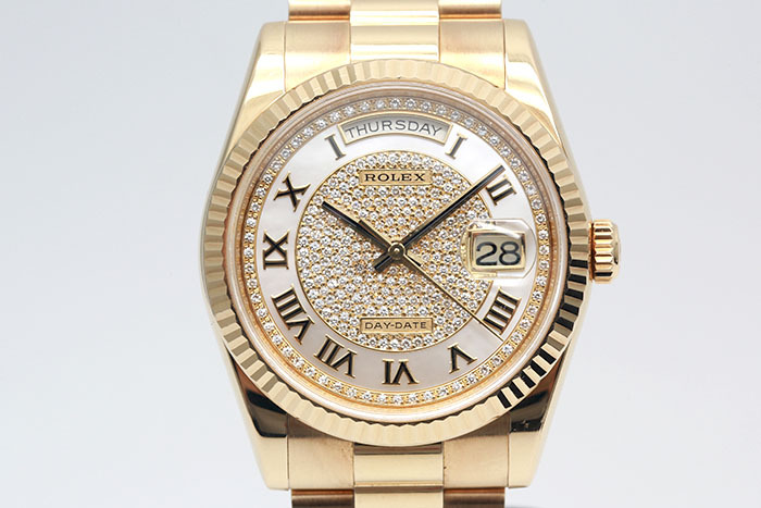 Rolex 勞力士 Day-Date 118238 18k黃金 珍珠母貝殼原鑲鑽石羅馬時標面盤 星期日期顯示 2012台灣保單 36mm