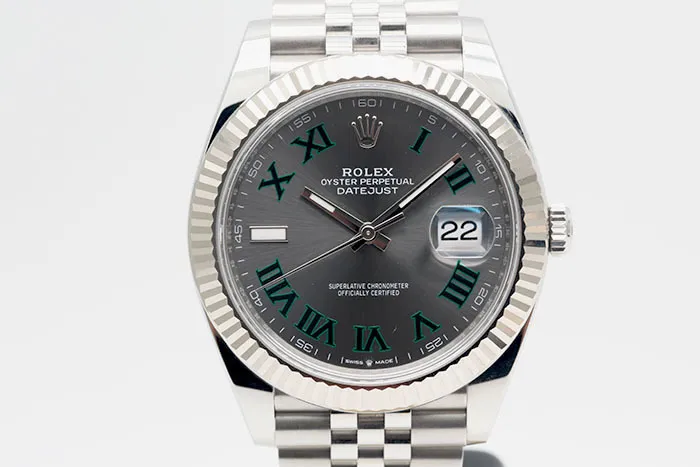 Rolex 勞力士 Datejust 126334 日誌型 18K白金外圈及鋼經典五珠鍊帶 灰色面盤綠羅馬字時標 2025.09盒單齊全 41mm